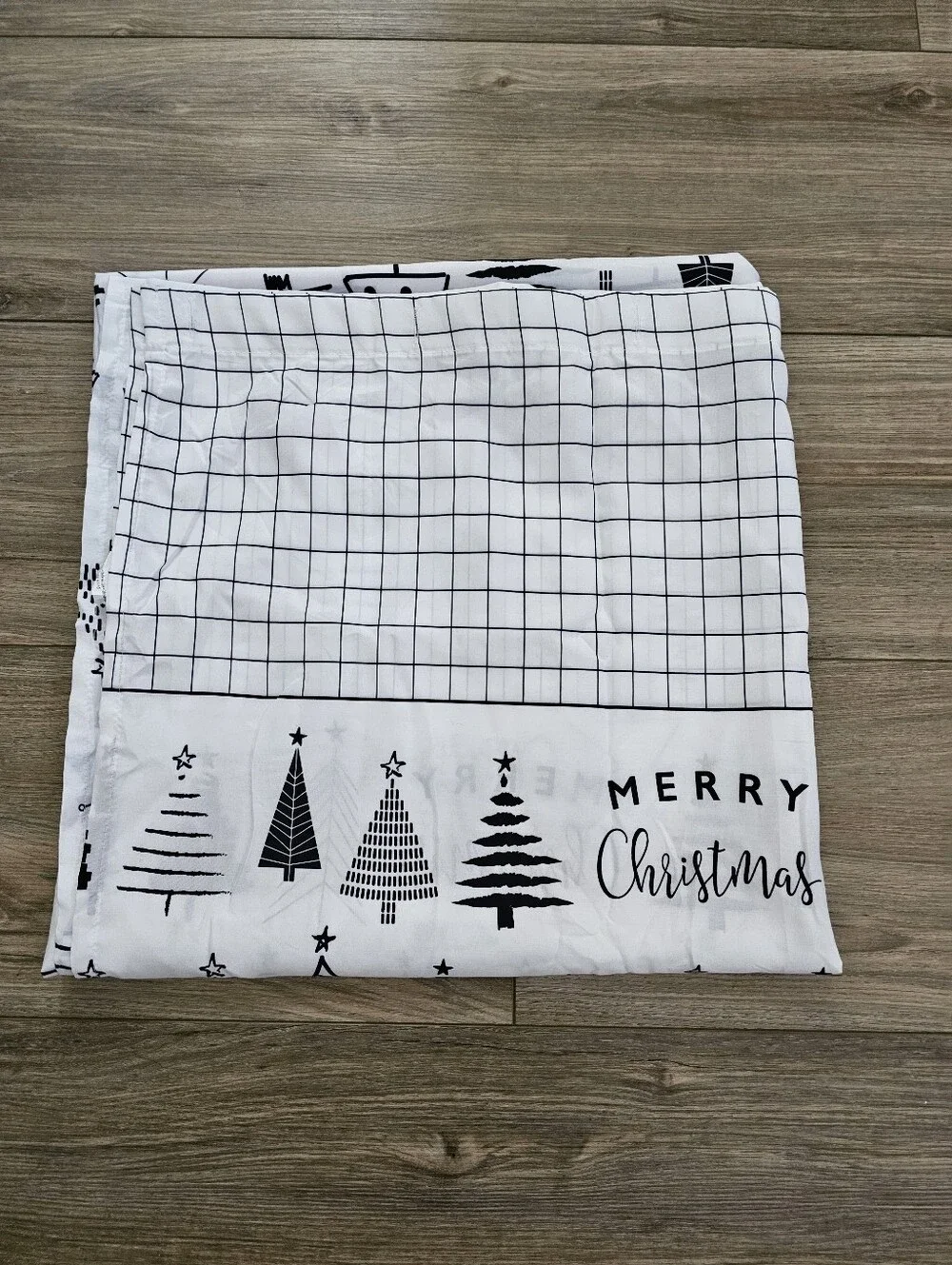 Merry Christmas Tree Print Shower Curtain - Black on White
